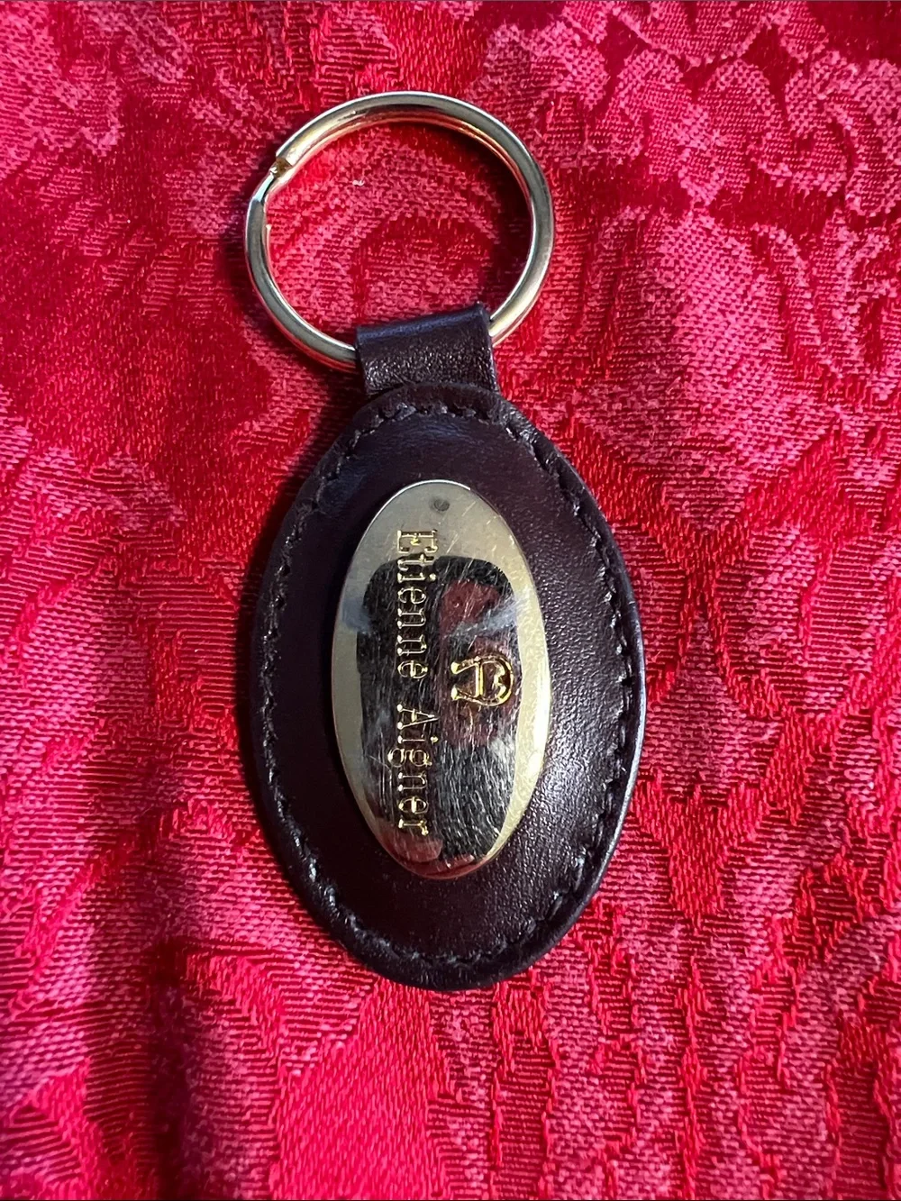 Etienne Aigner Brown Leather Key Fob Gold Tone Logo Keychain